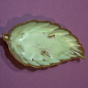 Frankoma Leaf Dish 225 Green Brown Ceramic Nut Candy Trinket Tray Vintage MCM 9"
